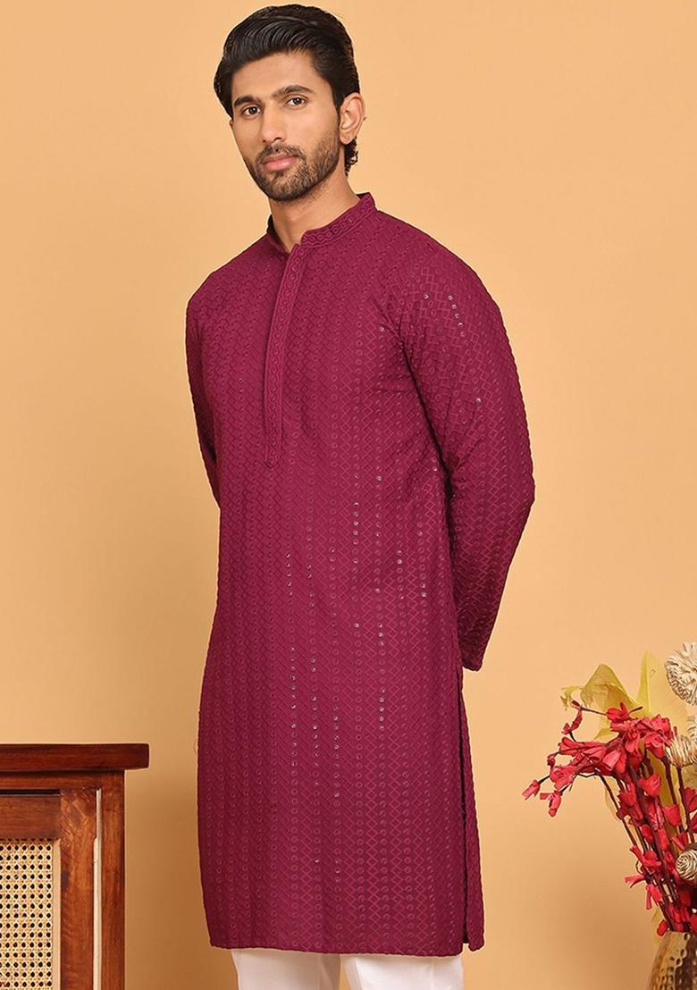 Red Embroidered Viscose Kurta For Men - Indya