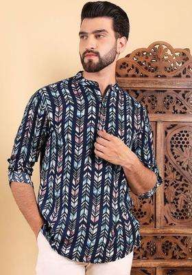Blue Printed Viscose Kurta For Men