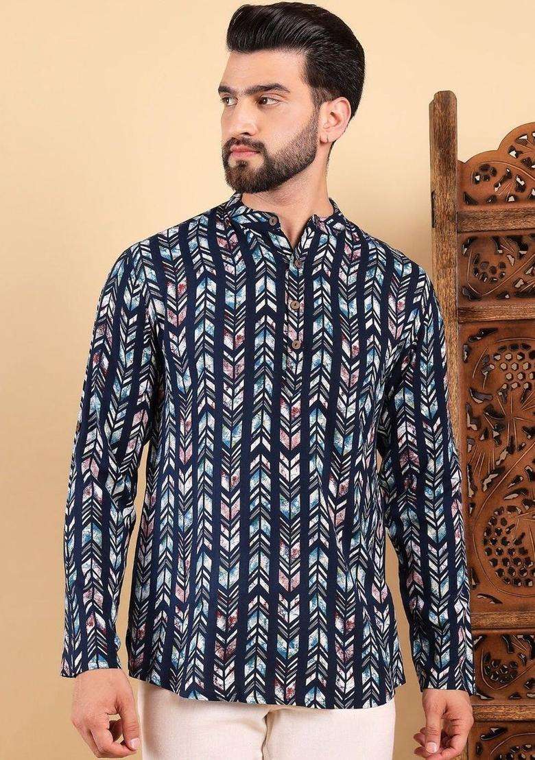 Blue Printed Viscose Kurta For Men - Indya