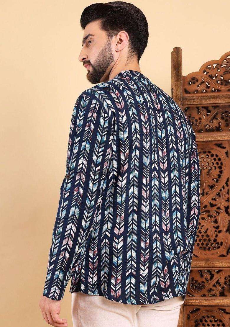 Blue Printed Viscose Kurta For Men - Indya