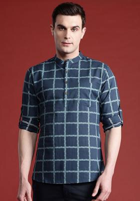 Blue Checked Cotton Kurta For Men