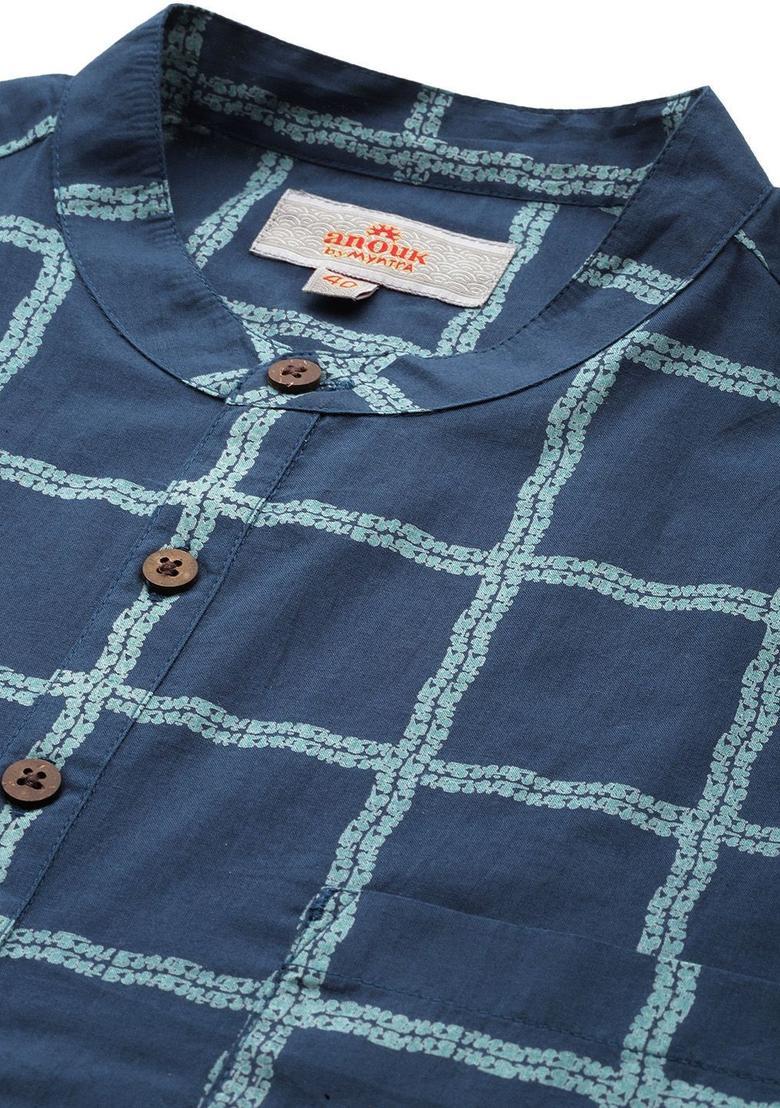Blue Checked Cotton Kurta For Men - Indya