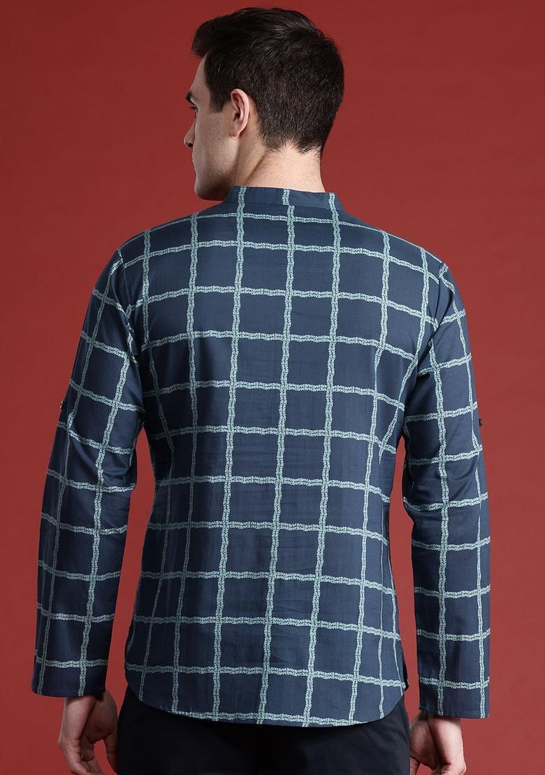Blue Checked Cotton Kurta For Men - Indya