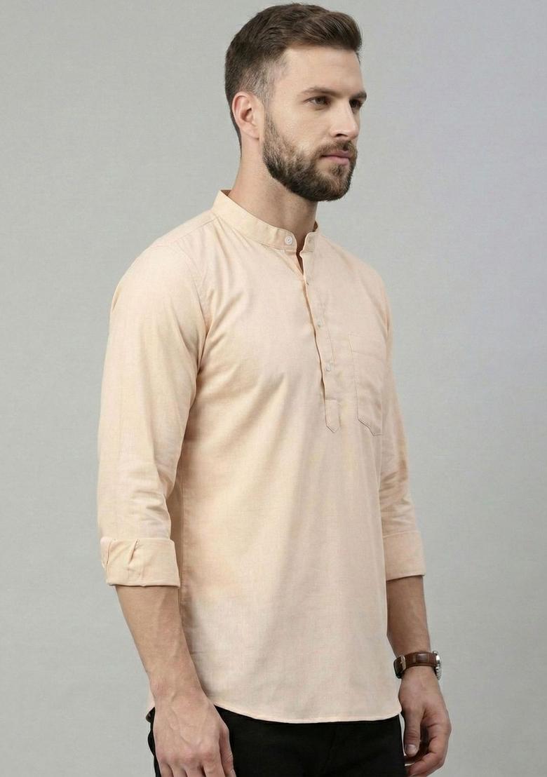 Peach Solid Cotton Kurta For Men - Indya