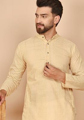 Beige Embroidered Cotton Kurta For Men