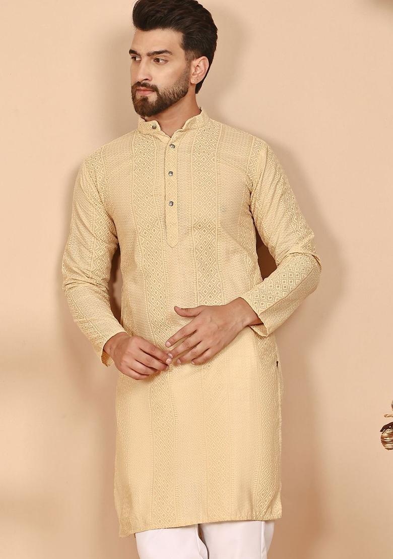 Beige Embroidered Cotton Kurta For Men - Indya