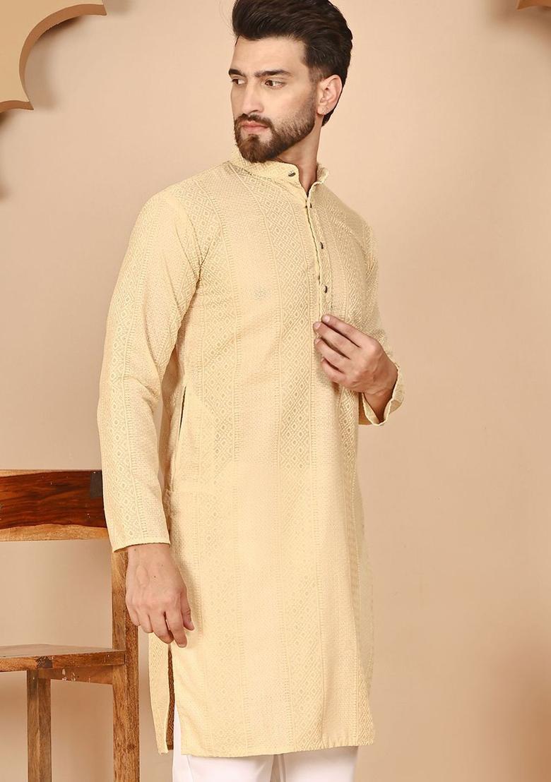 Beige Embroidered Cotton Kurta For Men - Indya