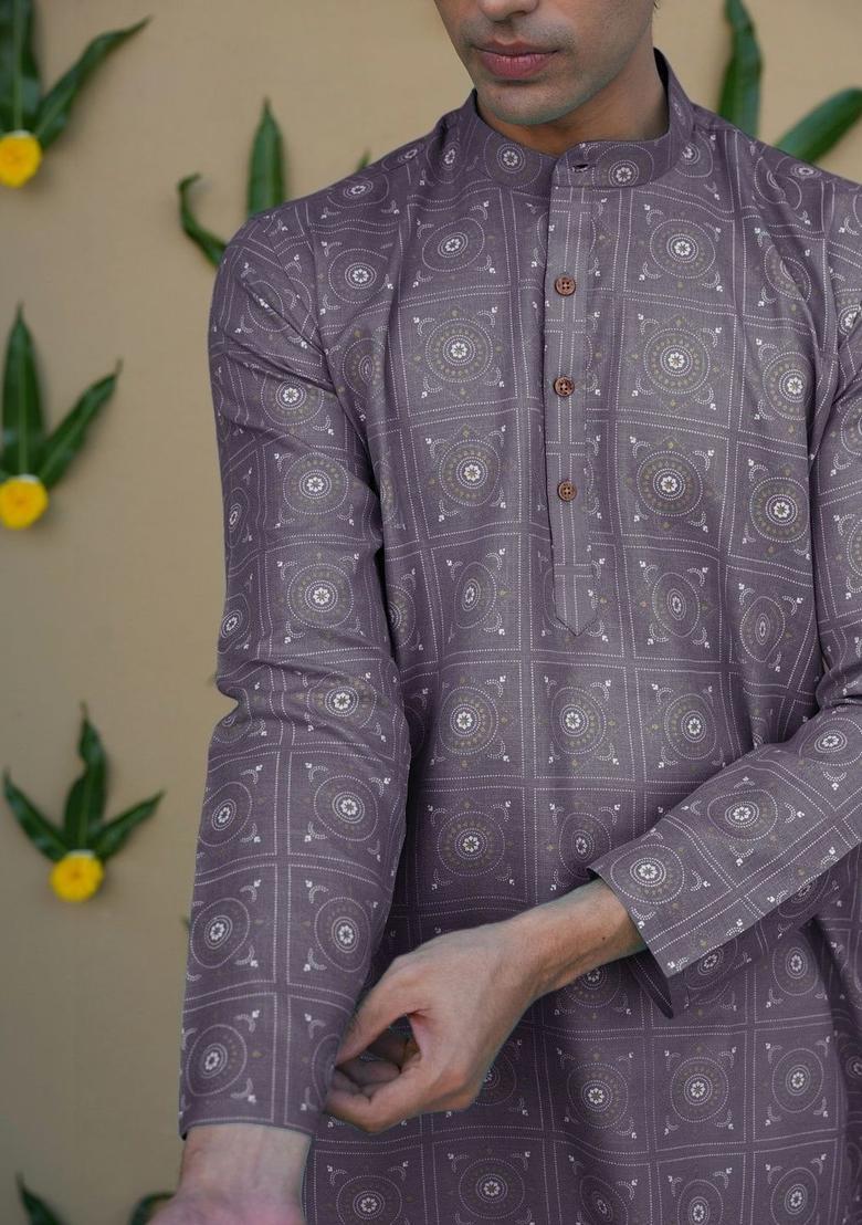Purple Printed Cotton Kurta For Men - Indya