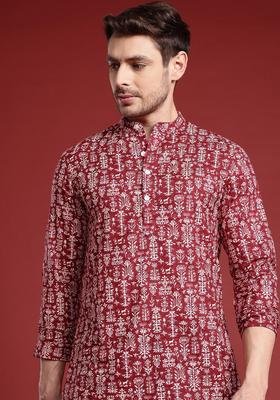 Red Printed Cotton Kurta For Men