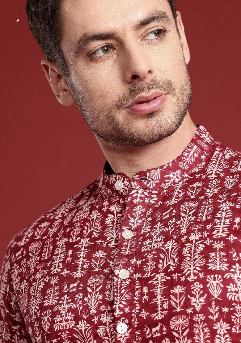 Red Printed Cotton Kurta For Men - Indya