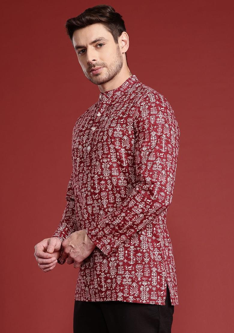 Red Printed Cotton Kurta For Men - Indya