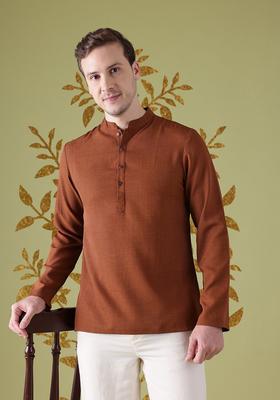 Orange Solid Polyester Kurta For Men