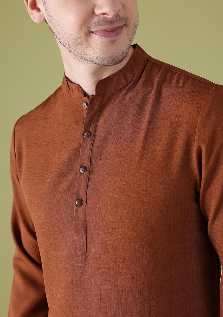 Orange Solid Polyester Kurta For Men - Indya