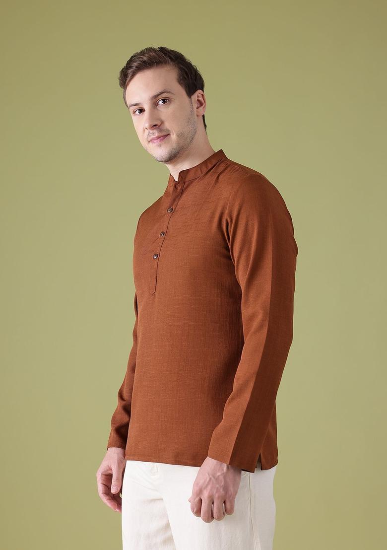 Orange Solid Polyester Kurta For Men - Indya