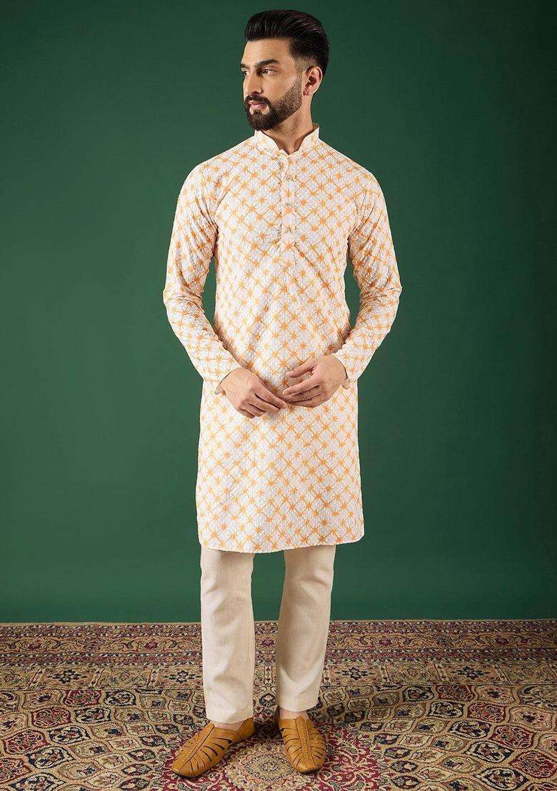 Multi Woven Design Silk Blend Kurta For Men - Indya