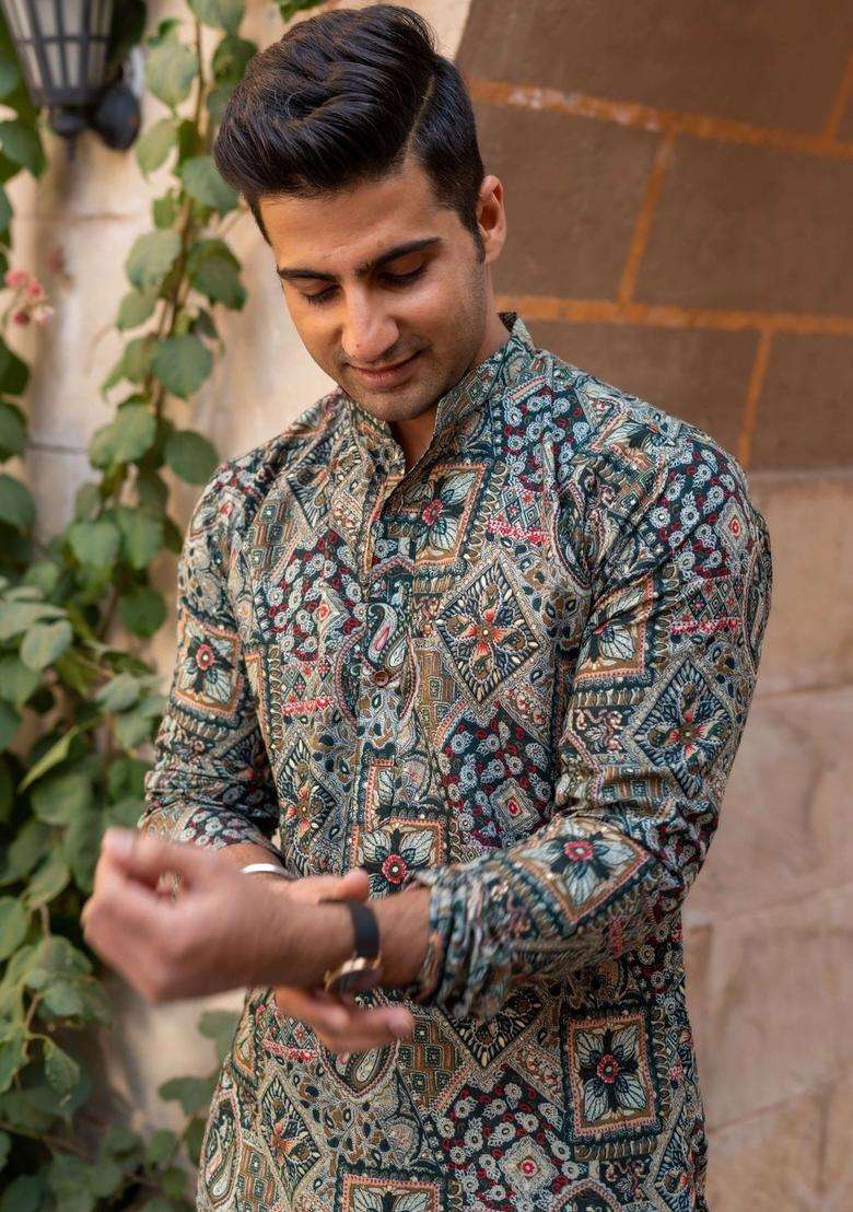 Multi Printed Cotton Kurta For Men - Indya