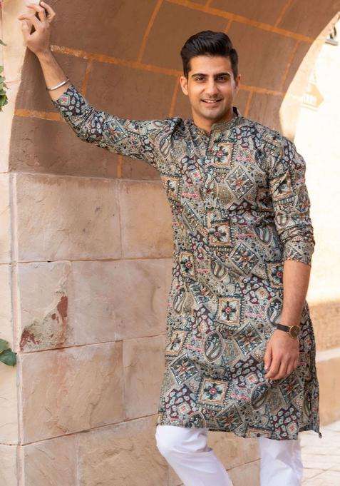 Multi Printed Cotton Kurta For Men