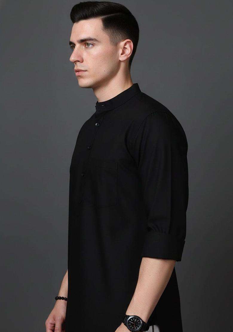 Black Solid Cotton Kurta For Men - Indya