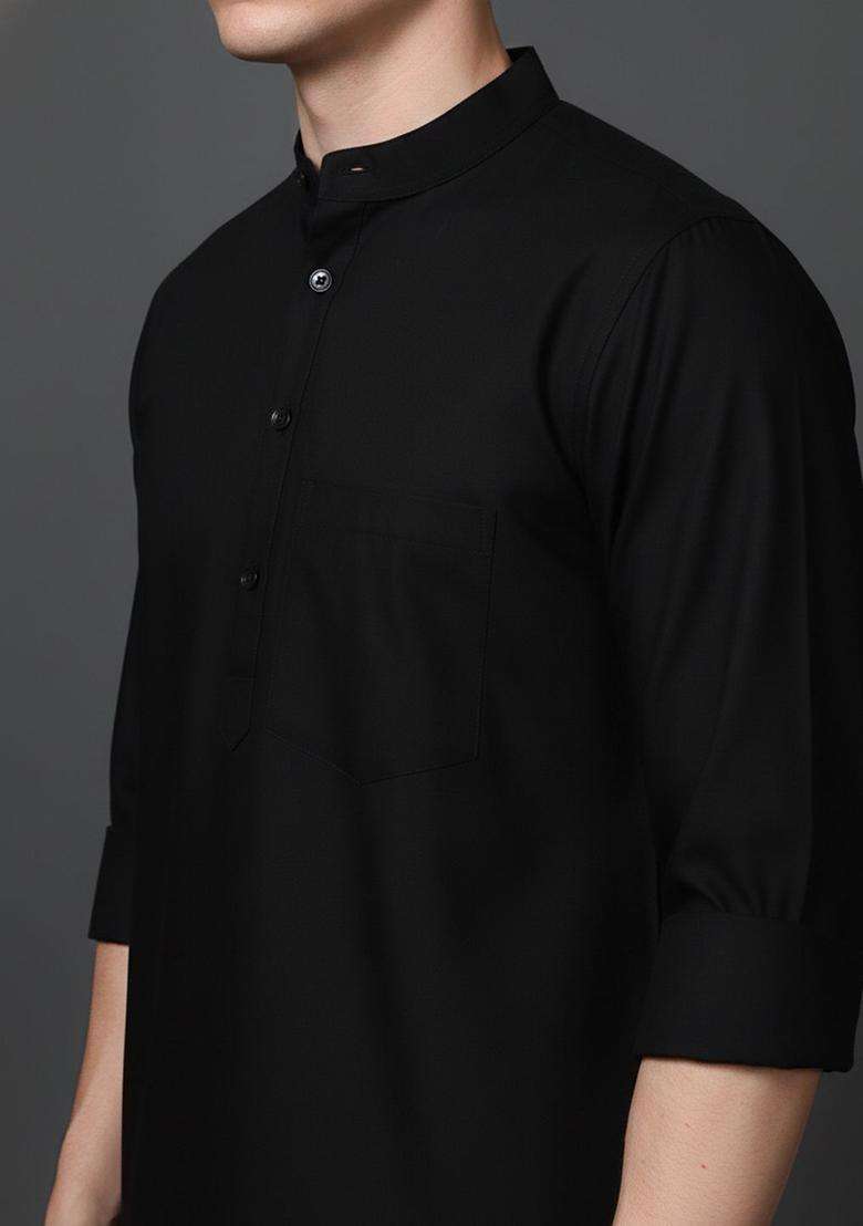 Black Solid Cotton Kurta For Men - Indya