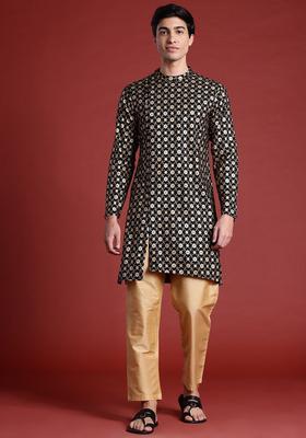 Black Printed Viscose Kurta For Men