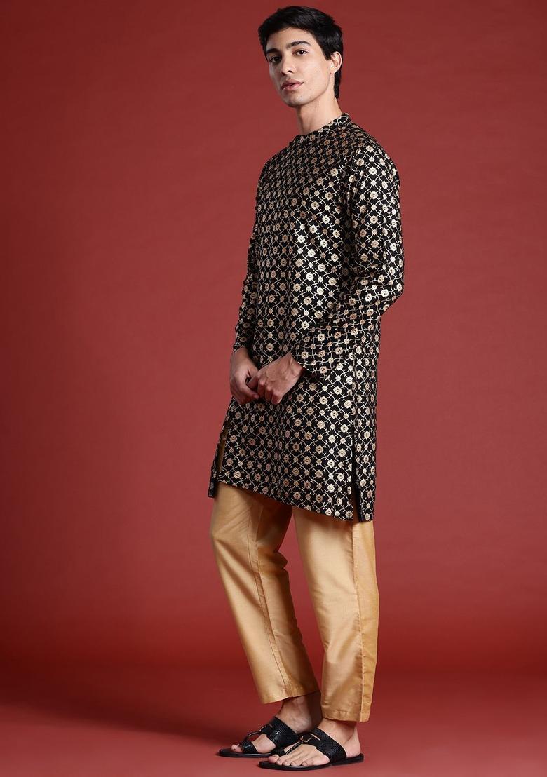 Black Printed Viscose Kurta For Men - Indya