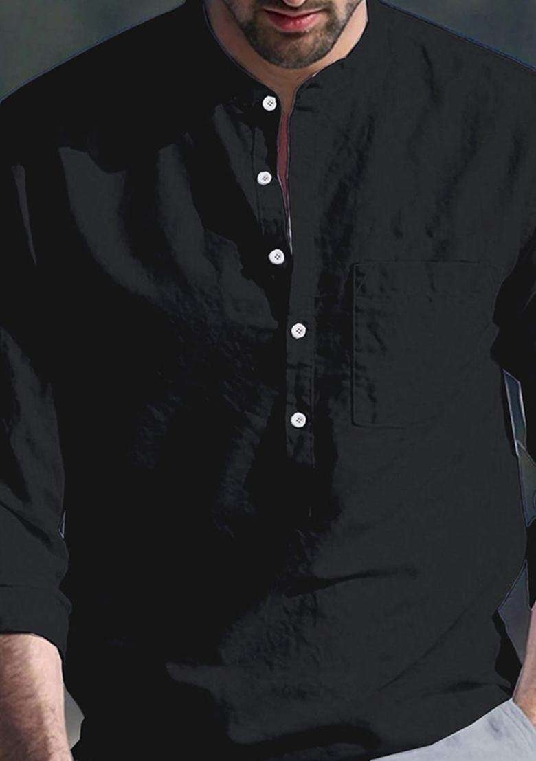 Black Solid Cotton Kurta For Men - Indya