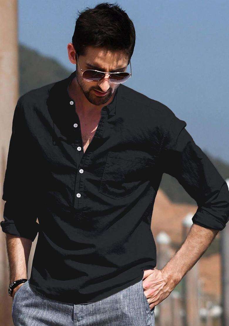 Black Solid Cotton Kurta For Men - Indya