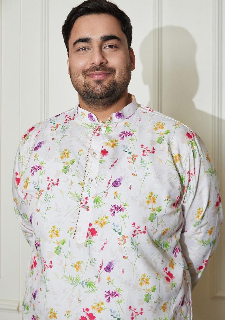 Beige Printed Silk Kurta For Men - Indya