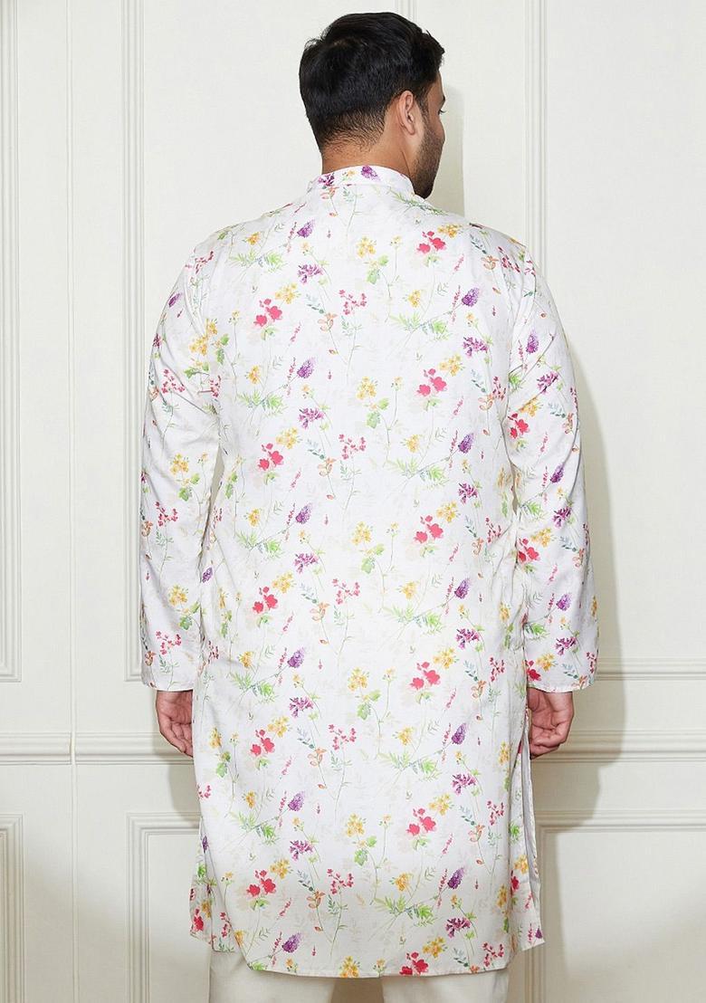 Beige Printed Silk Kurta For Men - Indya
