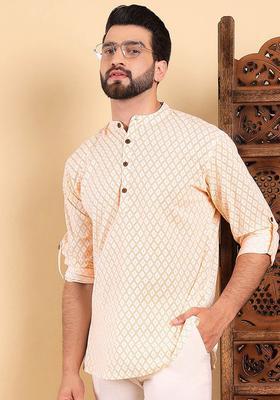 White Printed Cotton Kurta For Men