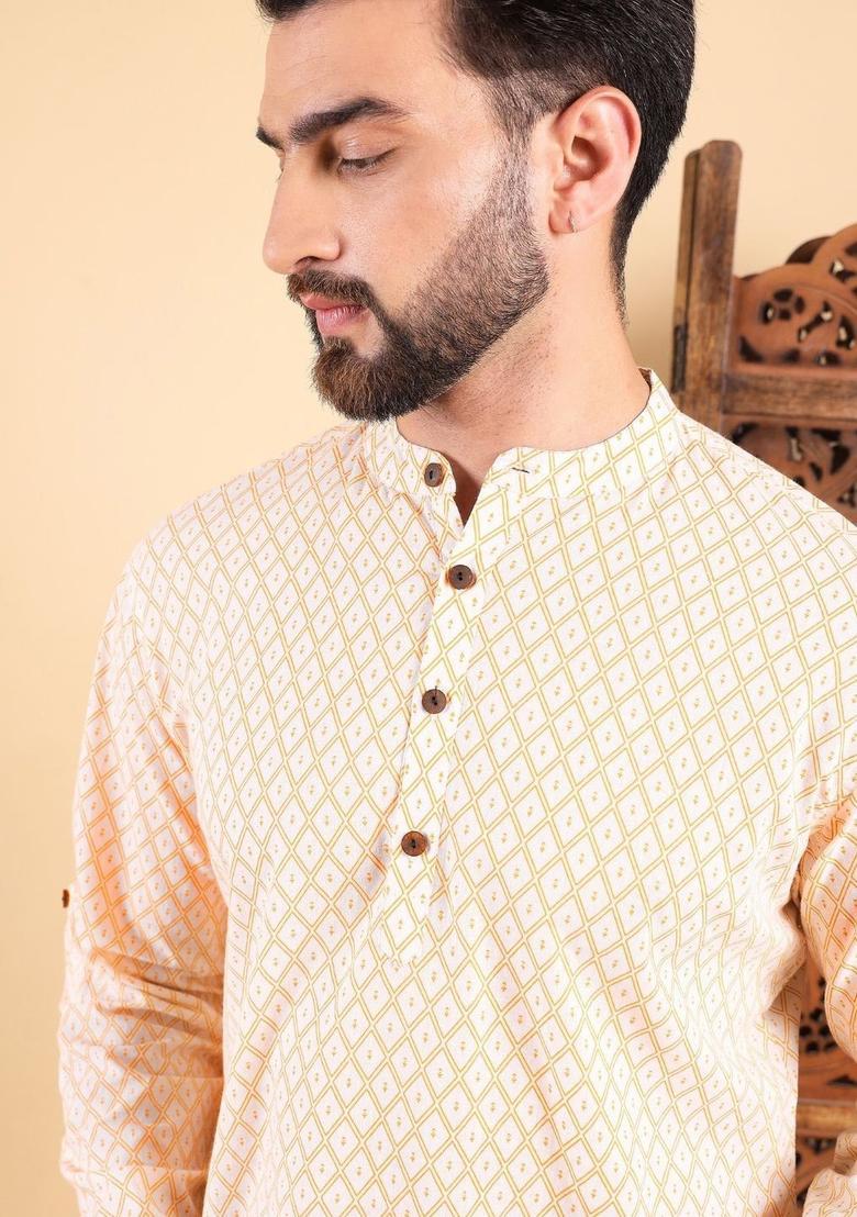 White Printed Cotton Kurta For Men - Indya