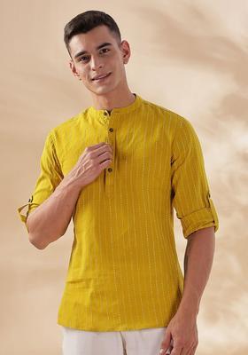 Yellow Striped Cotton Kurta For Men