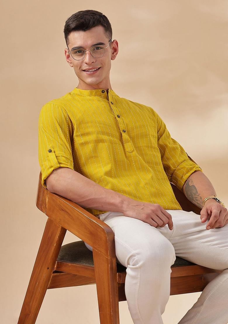 Yellow Striped Cotton Kurta For Men - Indya