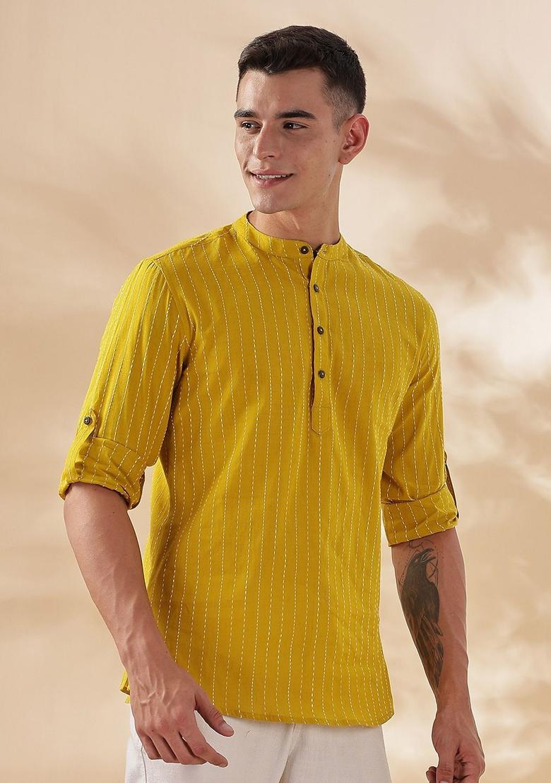 Yellow Striped Cotton Kurta For Men - Indya