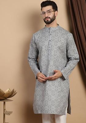 Grey Woven Design Cotton Kurta For Men