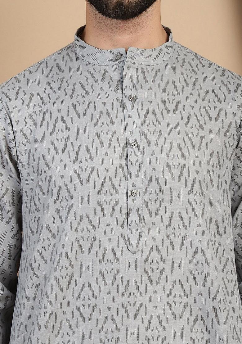 Grey Woven Design Cotton Kurta For Men - Indya