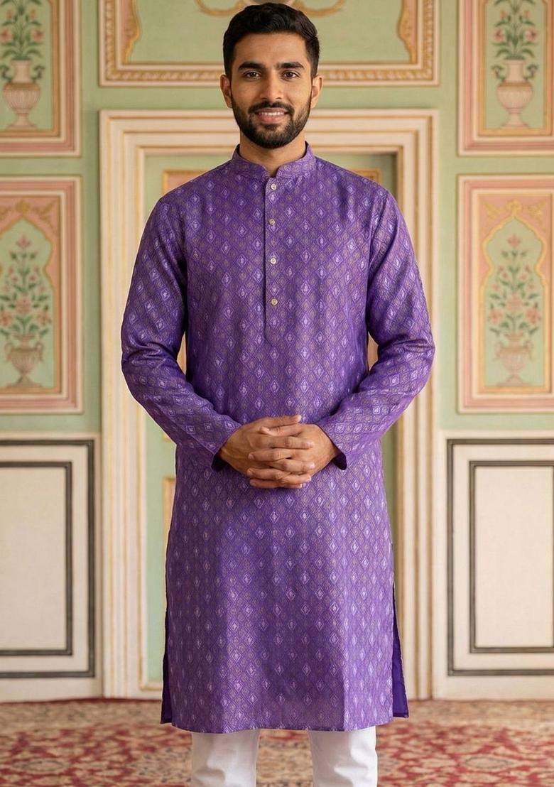 Purple Printed Cotton Kurta For Men - Indya