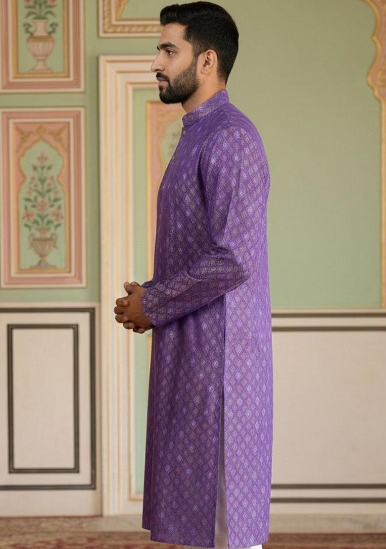 Purple Printed Cotton Kurta For Men - Indya