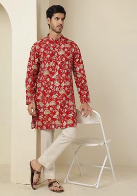 Maroon Printed Viscose Kurta For Men