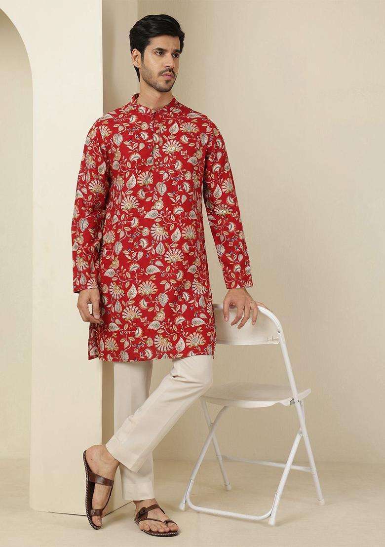 Maroon Printed Viscose Kurta For Men - Indya