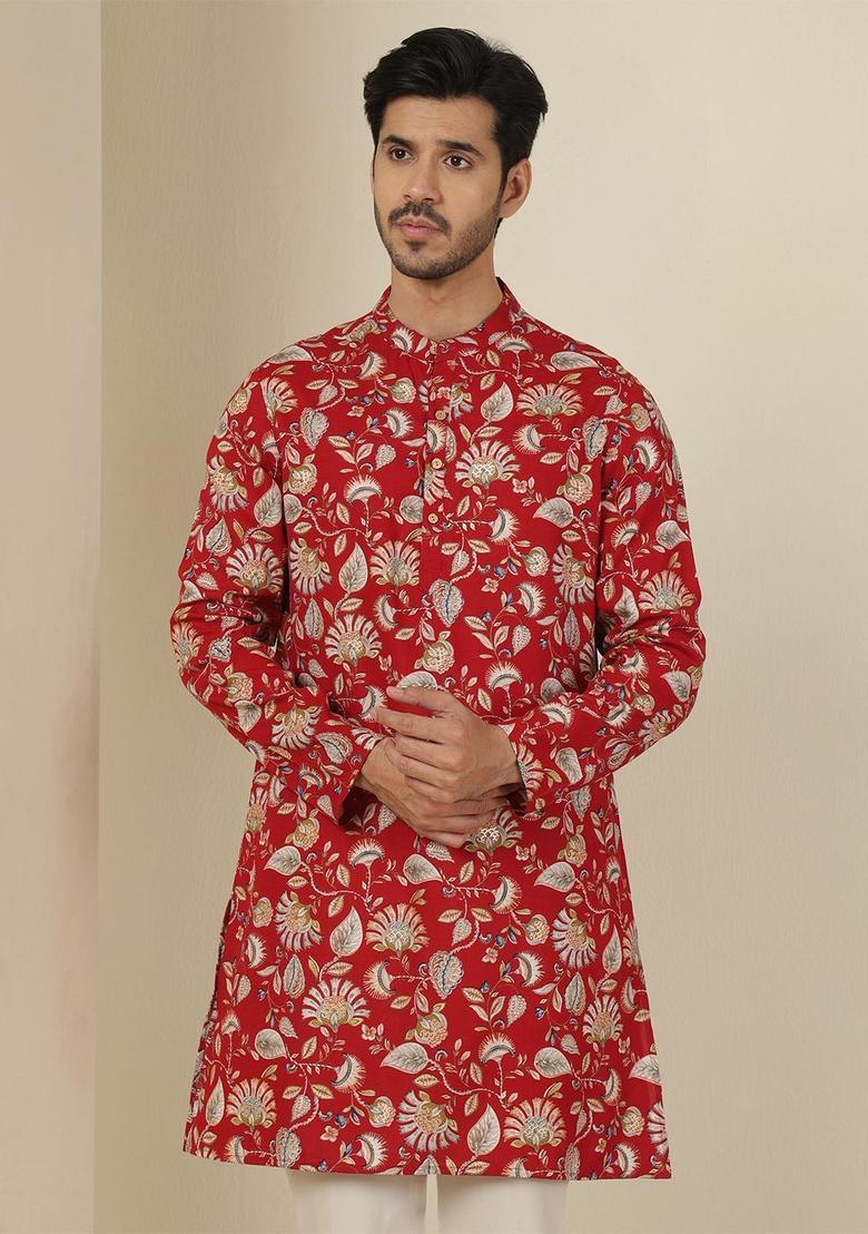 Maroon Printed Viscose Kurta For Men - Indya