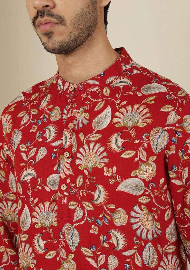 Maroon Printed Viscose Kurta For Men - Indya