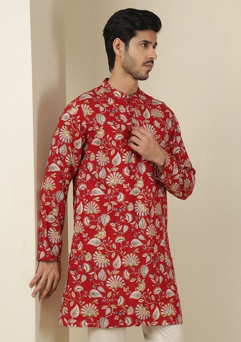 Maroon Printed Viscose Kurta For Men - Indya