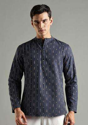 Blue Striped Blended Kurta For Men