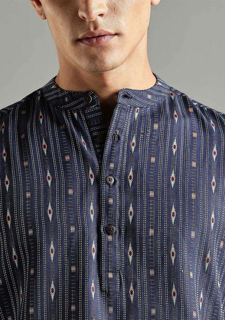 Blue Striped Blended Kurta For Men - Indya