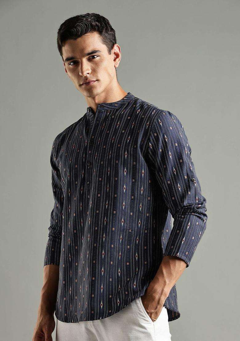 Blue Striped Blended Kurta For Men - Indya