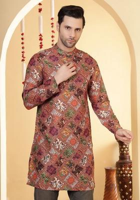 Orange Printed Viscose Kurta For Men