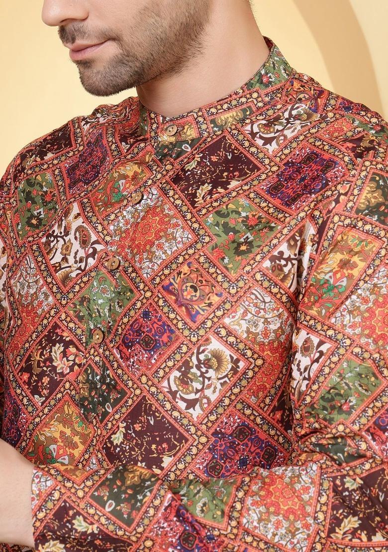 Orange Printed Viscose Kurta For Men - Indya