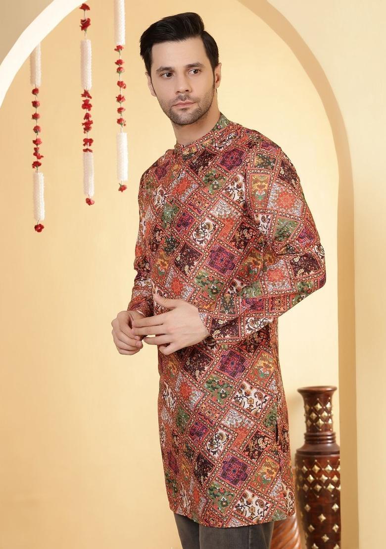 Orange Printed Viscose Kurta For Men - Indya