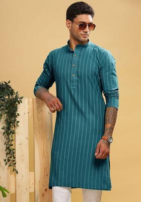 Blue Striped Cotton Kurta For Men